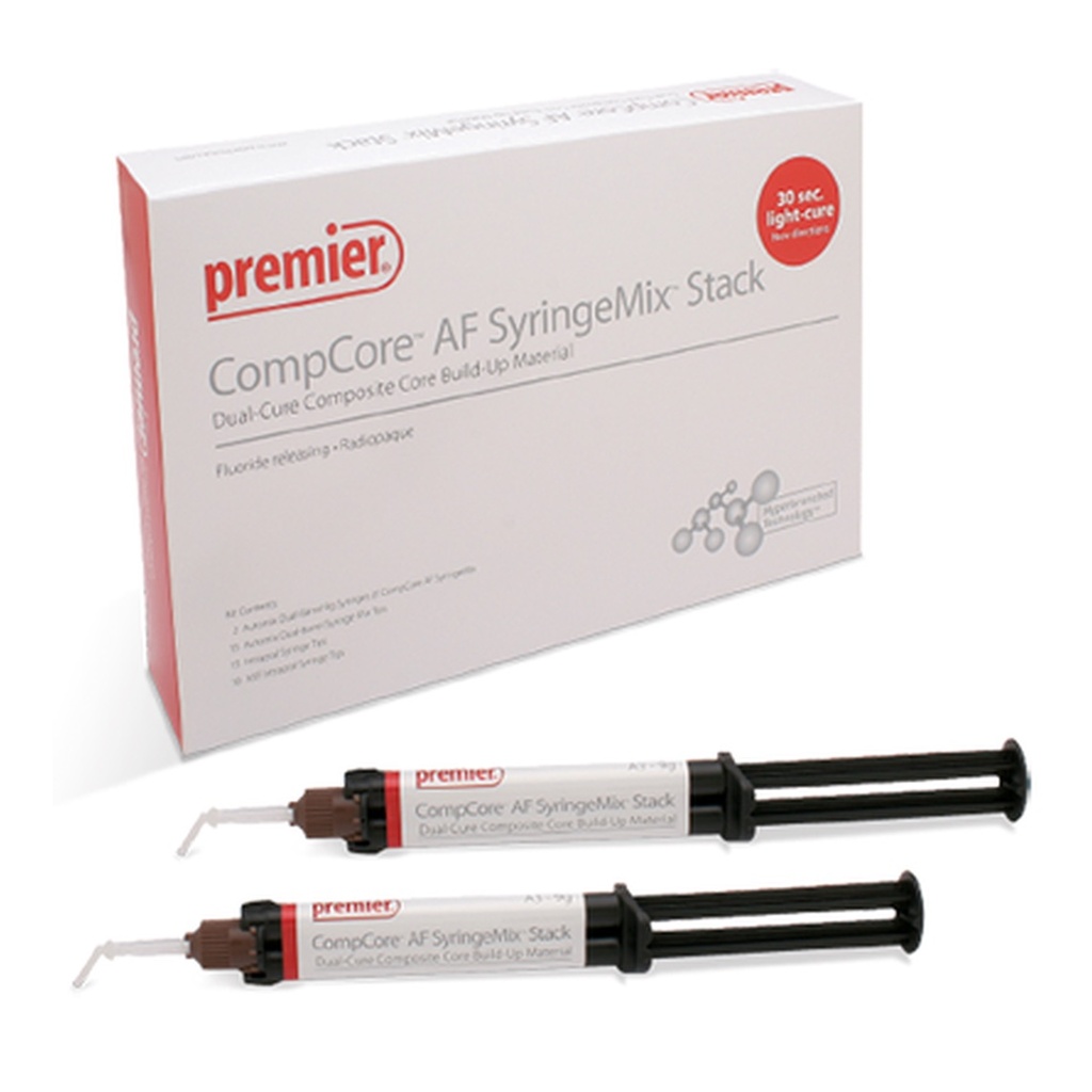 Premier Dental CompCore White-Shade AF Dual-Cure Composite Core Build-Up Material - PACK OF 2 (9G) WHITE-SHADE AUTOMIX SYRINGES, 15 x MIX TIPS, 15 x STANDARD INTRA-ORAL TIPS & 10 x EXTRA FINE INTRA-ORAL TIPS