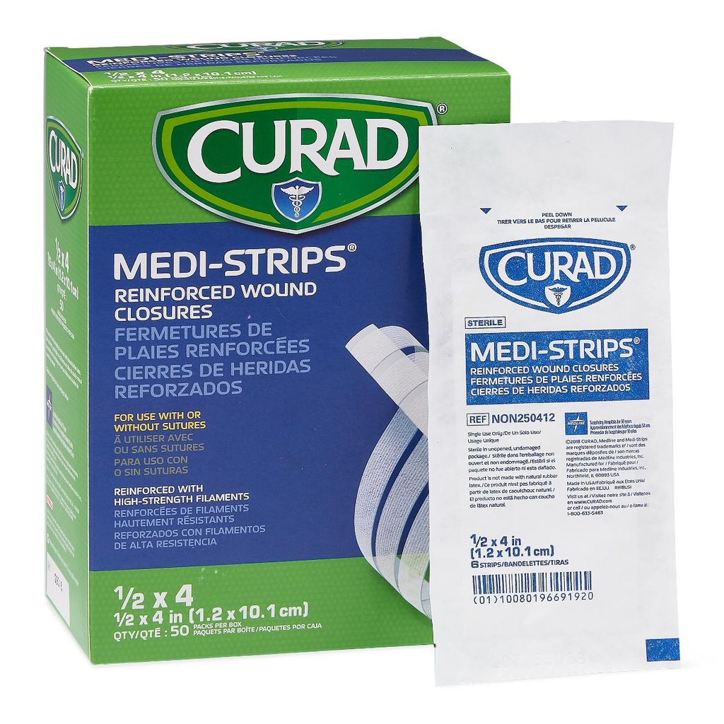 CURAD Medi-Strip Reinforced Wound Closures, Box of 50 1/2" x 4"