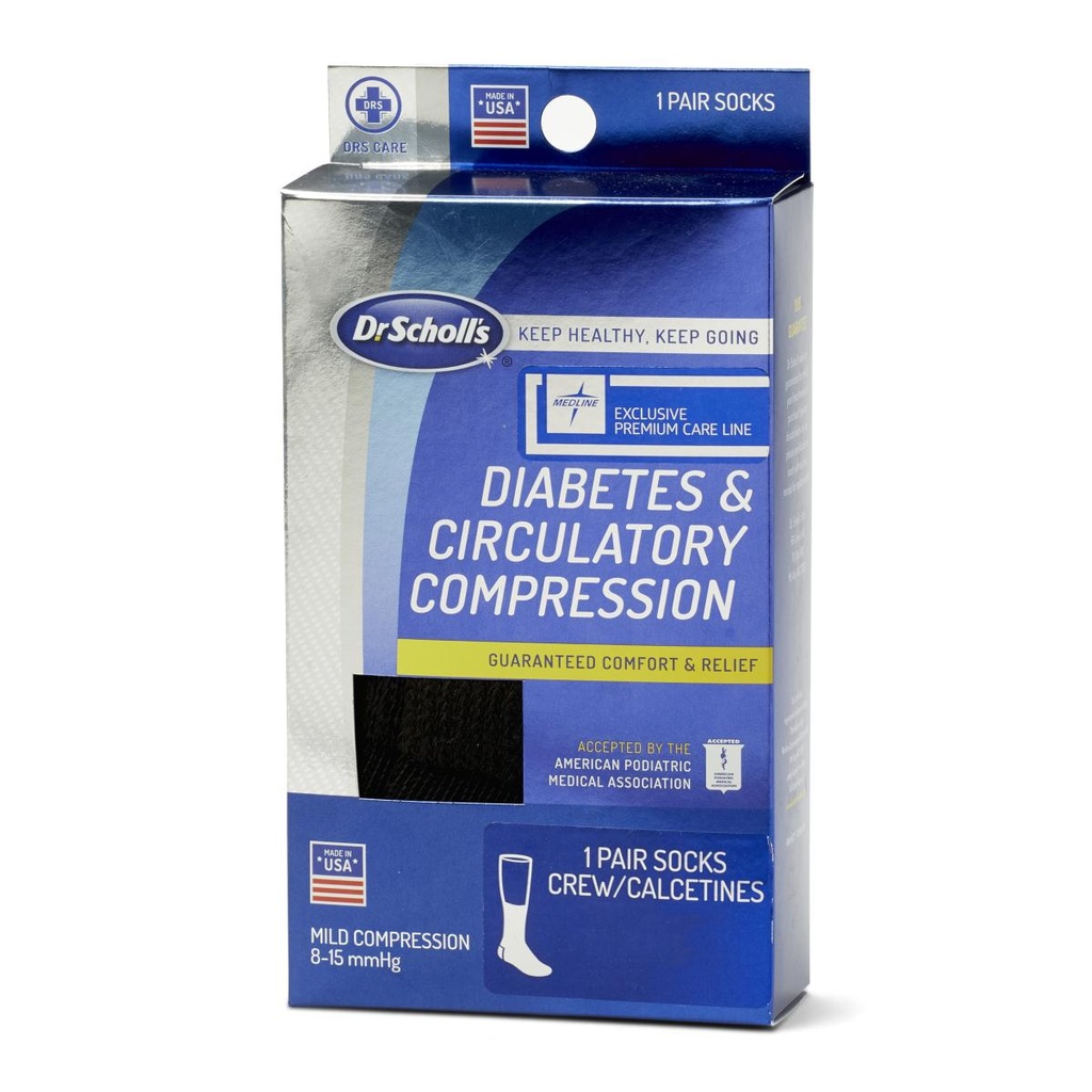 Dr. Scholl's Diabetic & Circulatory Crew Socks with Mild Compression, Black, Size L, 1 PAIR