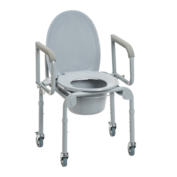 Steel Drop-Arm Commode with Wheels and Padded Armrests 300lbs