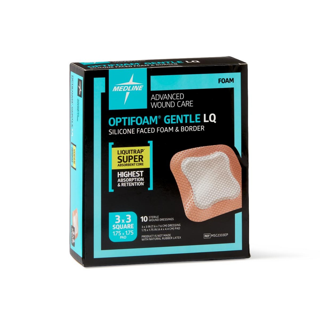 Medline Advanced Wound Care - Optifoam Gentle Silicone-Faced Foam Dressing and Border with Liquitrap Super Absorbent Core  4" x 4" 10/Box