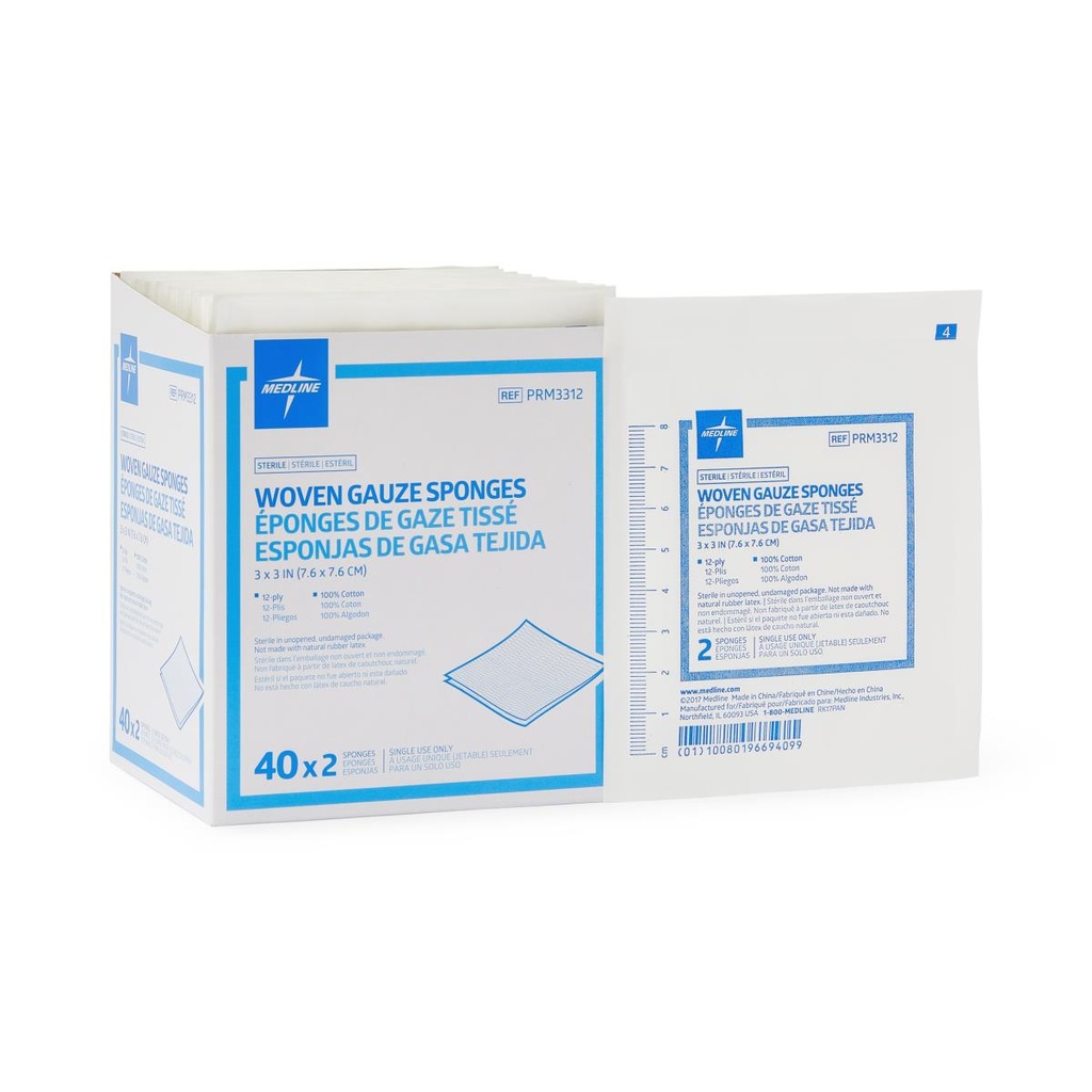 Gauze: Sterile 100% Cotton 12Ply Woven Sponges (3" X 3"); 40 x 2-packs/Box