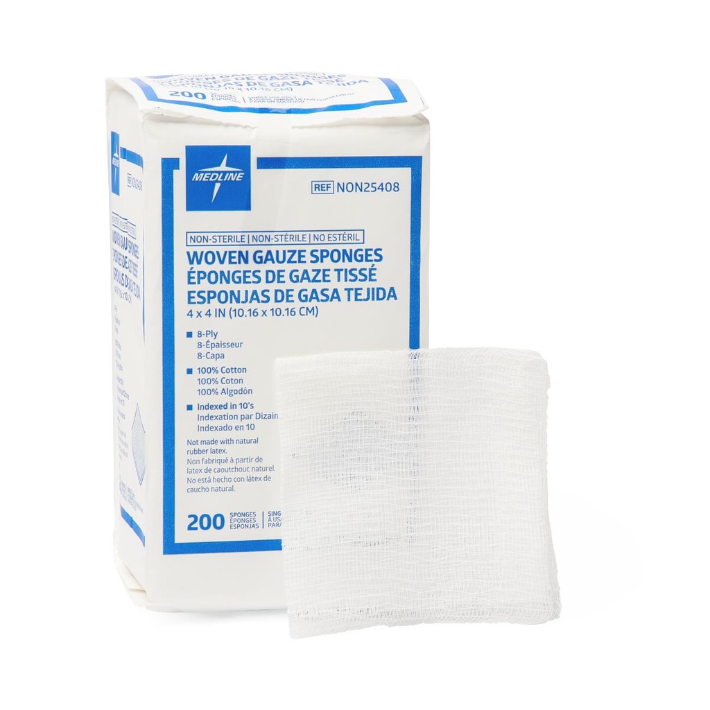 Medline Non-Sterile Woven Gauze Sponge - 8 Ply, 4" x 4", 200 / Pack