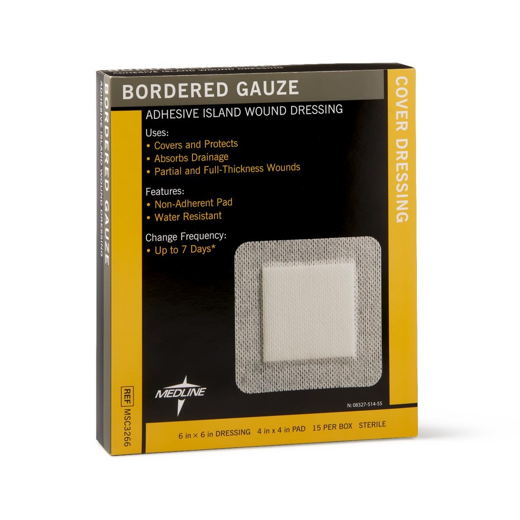 Gauze: Medline Bordered Gauze Island Dressing 6" x 6" with 4" x 4" Pad, 15 / Box