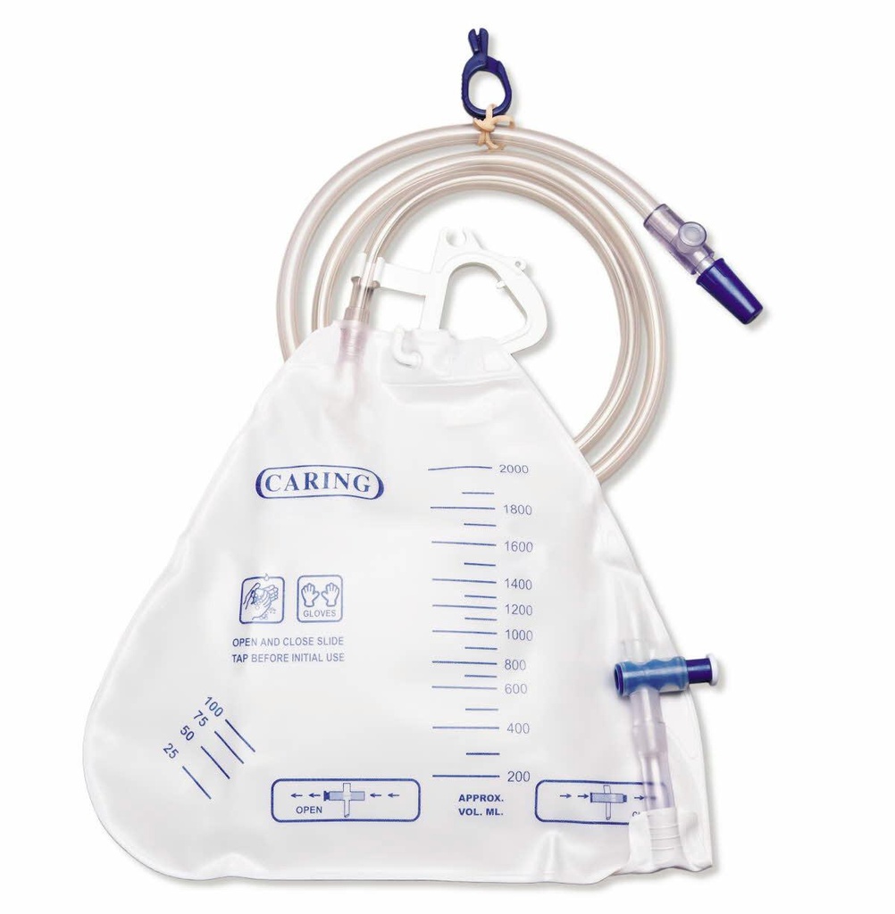 Urinary Drain Bag with Anti-Reflux Valve and Metal-Free Slide-Tap Drainage Port, 2,000 mL