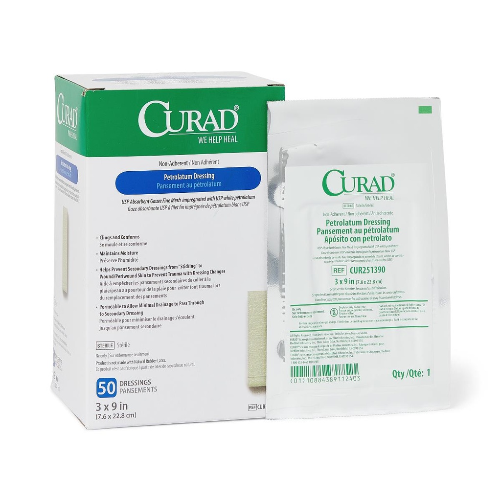 Gauze: Medline CURAD Sterile Petrolatum Gauze, 3" x 9", 50/Box