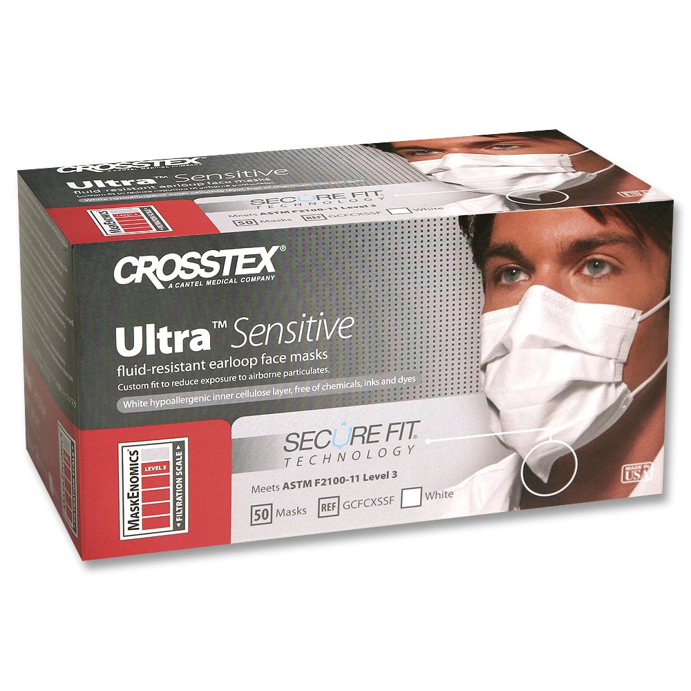 Mask: Crosstex Ultra-Sensitive Earloop Mask w/Secure Fit Technology; 40/Box