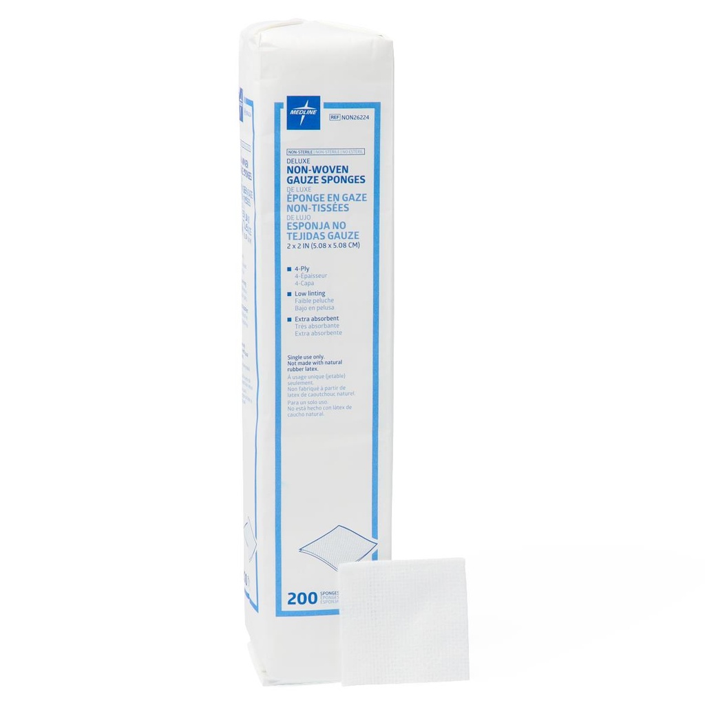 Gauze: Deluxe Nonsterile Nonwoven 4-Ply  Sponges (2" x 2"); 200 / Bag