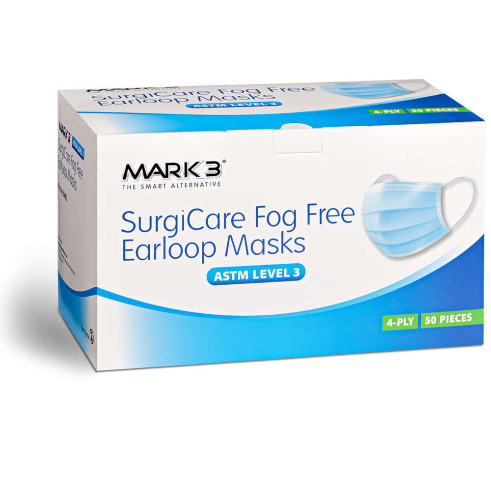 Mask: SurgiCare Earloop Face Masks ASTM Level 3; 50/box (Blue, Single Band)