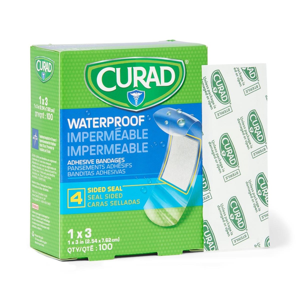 CURAD Plastic Waterproof Adhesive Bandage, Sterile, 1" x 3", Natural Color