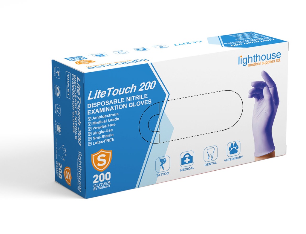 LiteTouch 200 Medium Nitrile Medical Examination Gloves, Powder-Free, Non- Sterile, Violet 200 / Box