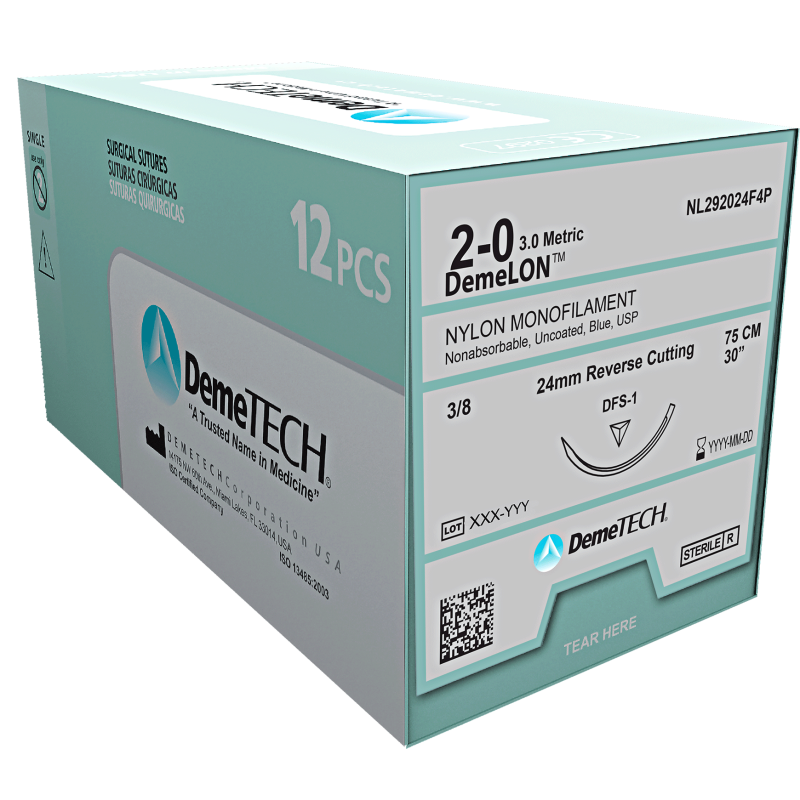 DemeLON Synthetic Nylon Monofilament Suture USP 10/0 12"; 12/Box