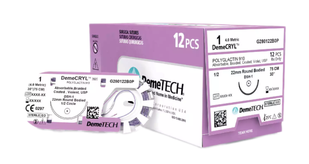DemeCRYL Polyglactin 910 Suture USP 5/0 18" (8MM/ 1/2 CIRCLE DOUBLE / CONVENTIONAL SPATULA NEEDLE) - 12/Box