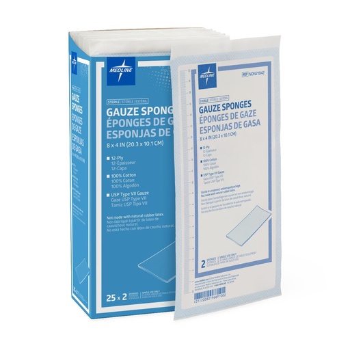 [NON21842] Gauze: Sterile 100% Cotton Woven 12 ply Sponge (8" x 4"); 25/Box