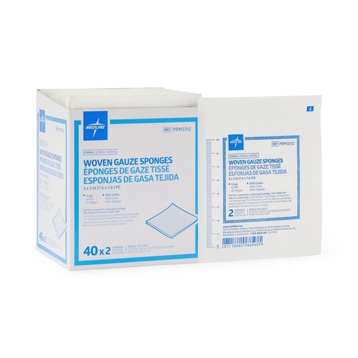 [PRM3312] Gauze: Sterile 100% Cotton 12Ply Woven Sponges (3" X 3"); 40 x 2-packs/Box