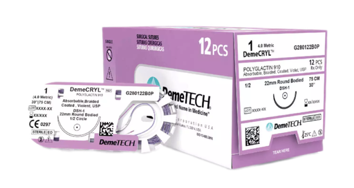 [G88800,65G7P] DemeCRYL Rapid Absorbable Suture USP 8/0 30cm Thread length (6.5mm/ ⅜ Circle Double / Micropoint Curved Spatula Needle); 12/Box 